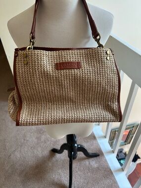 American Signature Woven Shoulder Bag in Natural with Brown Trim